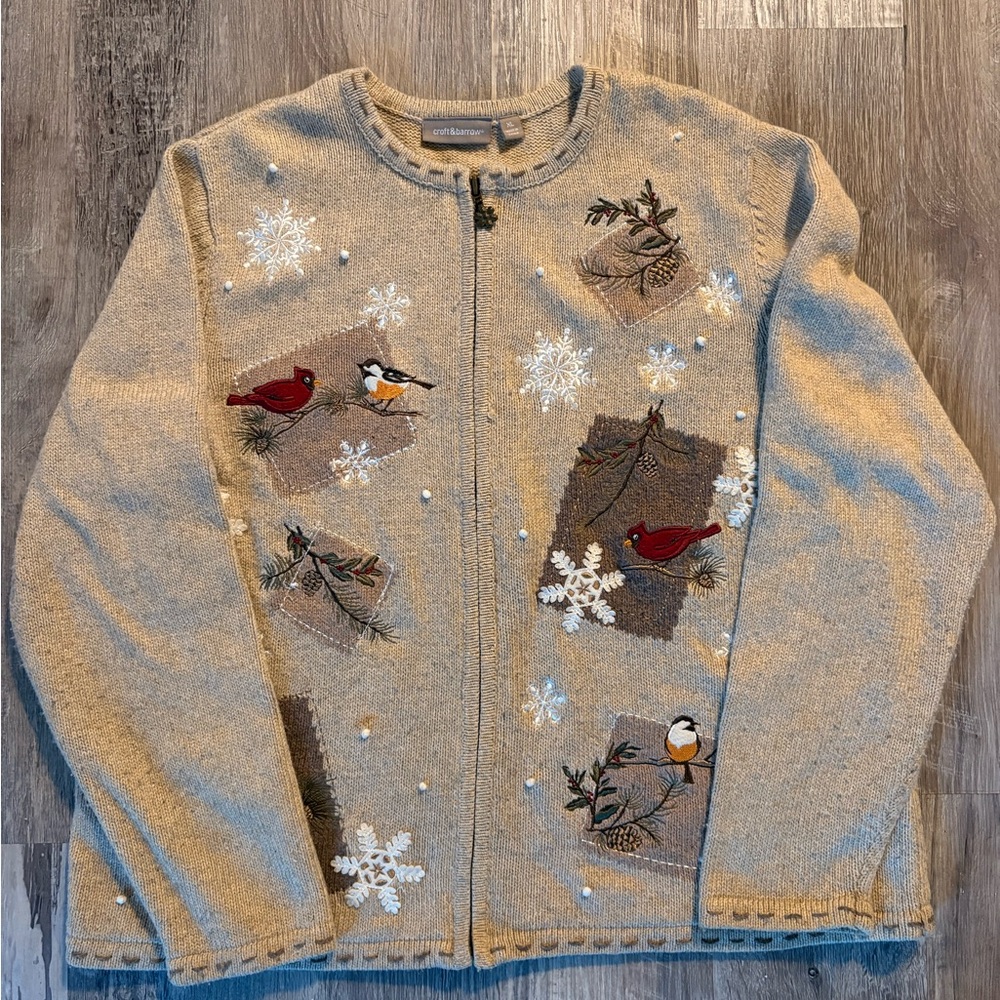 Croft and Barrow Embroidered Bird Zip Up Cardigan- Size XL